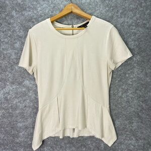 BCBGMAXAZRIA Shirt Womens Medium White Gardenia Peplum Back Zip Stretch Top